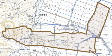 小川とその周辺の地図。町の範囲を重ねている