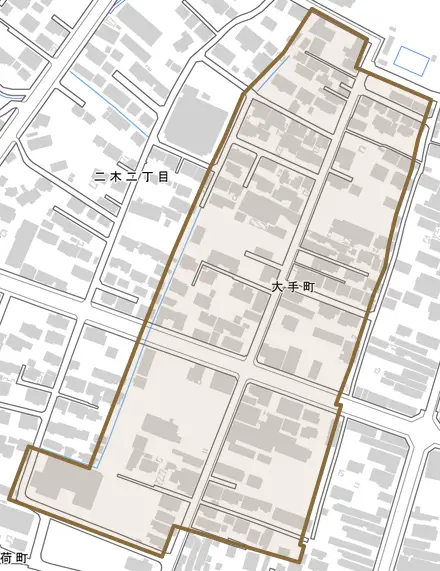 大手町とその周辺の地図。町の範囲を重ねている