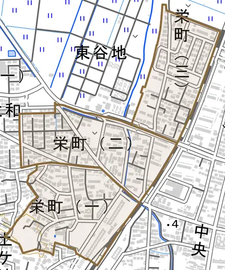 栄町とその周辺の地図。町の範囲を重ねている