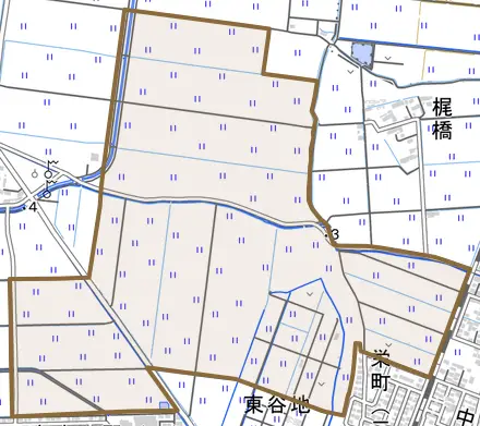 字敷島とその周辺の地図。町の範囲を重ねている