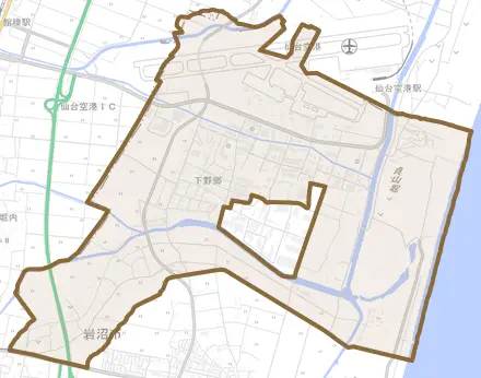 下野郷とその周辺の地図。町の範囲を重ねている
