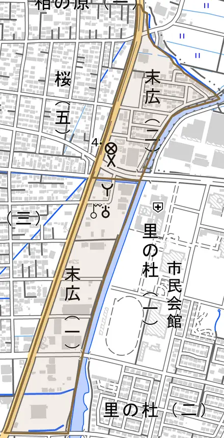 末広とその周辺の地図。町の範囲を重ねている