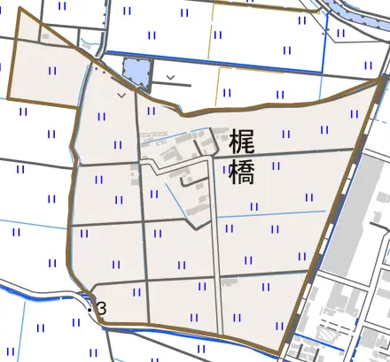 字梶橋とその周辺の地図。町の範囲を重ねている