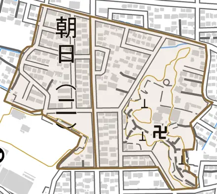 朝日とその周辺の地図。町の範囲を重ねている