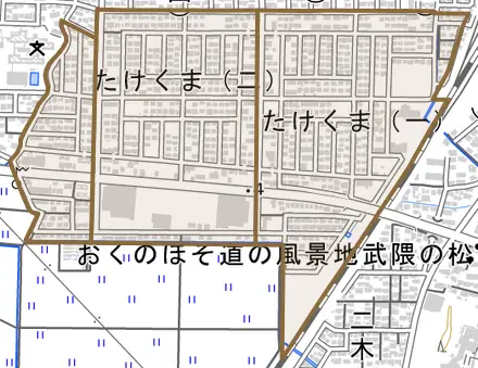 たけくまとその周辺の地図。町の範囲を重ねている