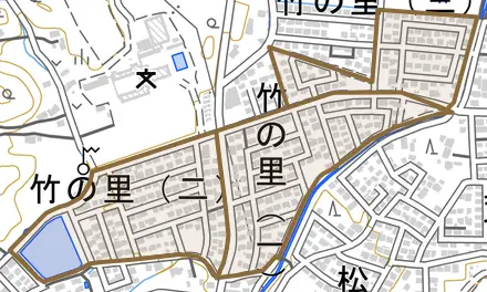 竹の里とその周辺の地図。町の範囲を重ねている