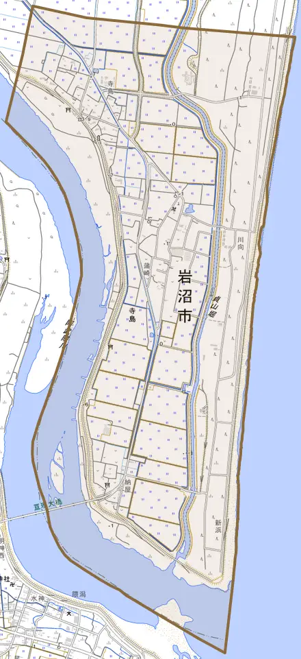 寺島とその周辺の地図。町の範囲を重ねている