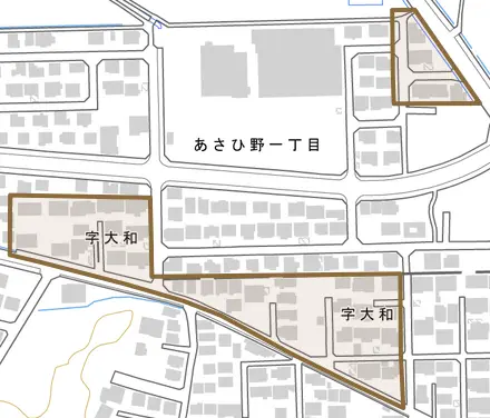 字大和とその周辺の地図。町の範囲を重ねている