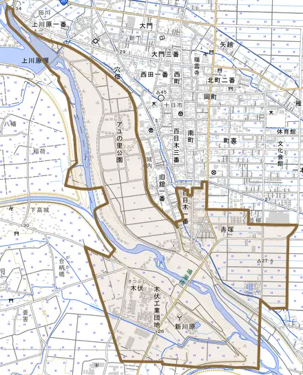 字百目木一番とその周辺の地図。町の範囲を重ねている