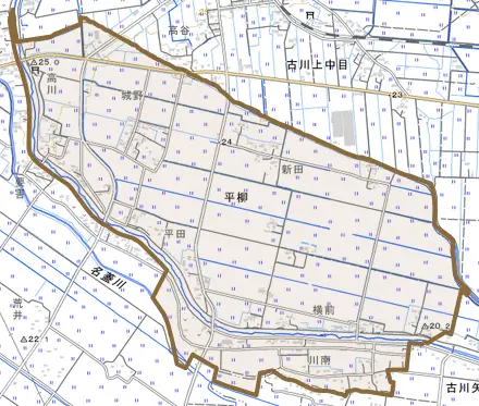 平柳とその周辺の地図。町の範囲を重ねている