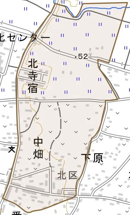 字北原とその周辺の地図。町の範囲を重ねている