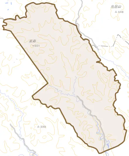 北川内とその周辺の地図。町の範囲を重ねている