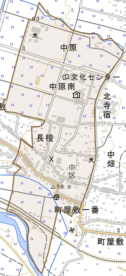 字北寺宿とその周辺の地図。町の範囲を重ねている