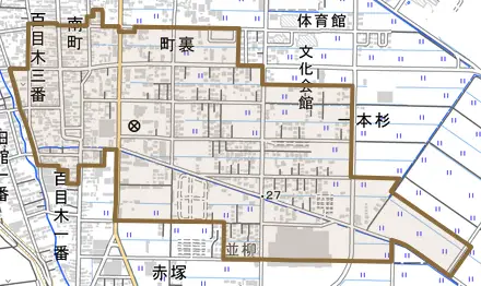 字町裏とその周辺の地図。町の範囲を重ねている