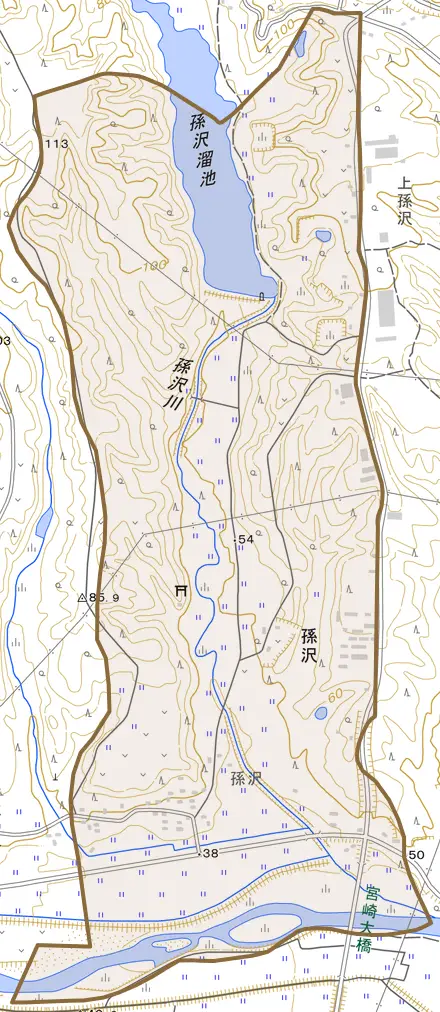 孫沢とその周辺の地図。町の範囲を重ねている