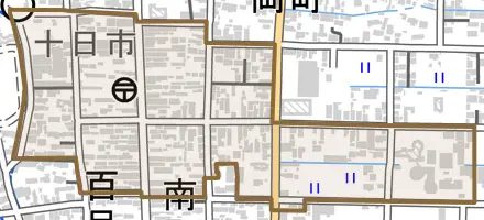 字南町とその周辺の地図。町の範囲を重ねている