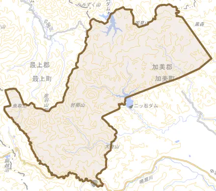 宮崎とその周辺の地図。町の範囲を重ねている