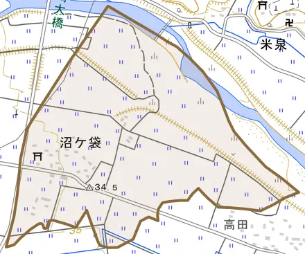 沼ケ袋とその周辺の地図。町の範囲を重ねている