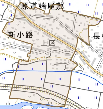 字新小路とその周辺の地図。町の範囲を重ねている