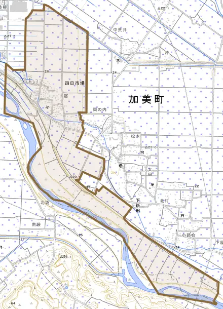 字赤塚八番とその周辺の地図。町の範囲を重ねている