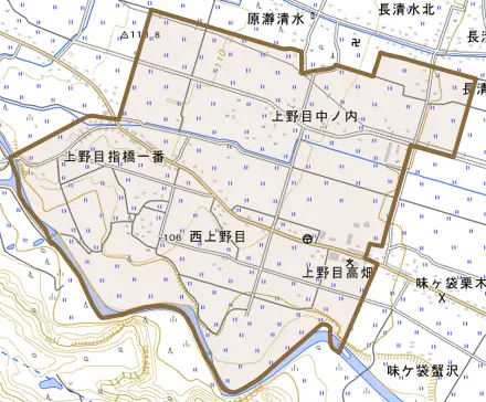 字上野目指橋とその周辺の地図。町の範囲を重ねている