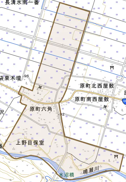字上野目皆伝寺とその周辺の地図。町の範囲を重ねている