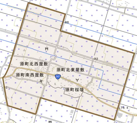 字上野目小林とその周辺の地図。町の範囲を重ねている
