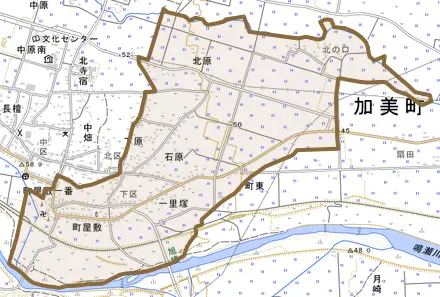 字町屋敷一番とその周辺の地図。町の範囲を重ねている