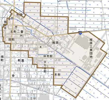 字北町二番とその周辺の地図。町の範囲を重ねている