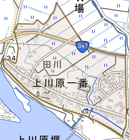 字上川原一番とその周辺の地図。町の範囲を重ねている