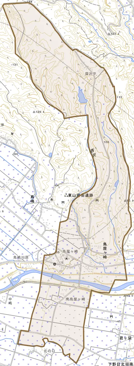 鳥屋ヶ崎とその周辺の地図。町の範囲を重ねている