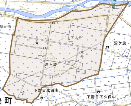 君ヶ袋とその周辺の地図。町の範囲を重ねている