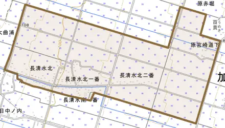 字長清水南とその周辺の地図。町の範囲を重ねている