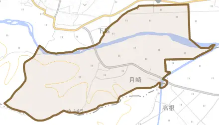 字田中とその周辺の地図。町の範囲を重ねている