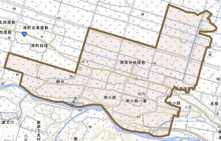 字照井とその周辺の地図。町の範囲を重ねている
