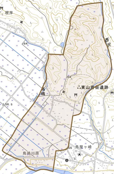 鳥嶋とその周辺の地図。町の範囲を重ねている