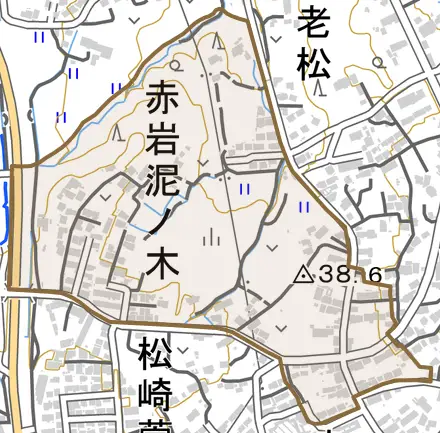 赤岩泥ノ木とその周辺の地図。町の範囲を重ねている
