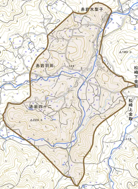 赤岩四十二とその周辺の地図。町の範囲を重ねている