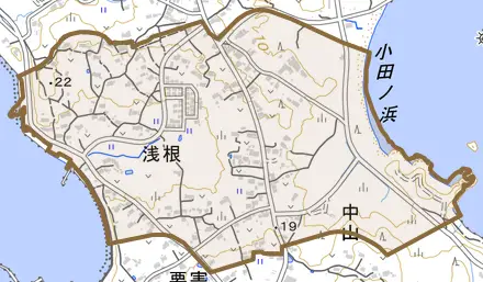 浅根とその周辺の地図。町の範囲を重ねている