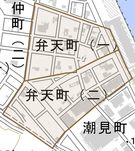 弁天町とその周辺の地図。町の範囲を重ねている