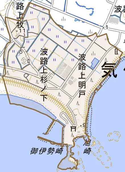 波路上杉ノ下とその周辺の地図。町の範囲を重ねている