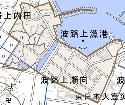 波路上内田とその周辺の地図。町の範囲を重ねている
