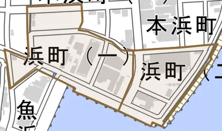 浜町とその周辺の地図。町の範囲を重ねている
