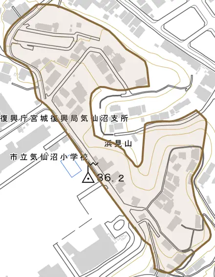 浜見山とその周辺の地図。町の範囲を重ねている