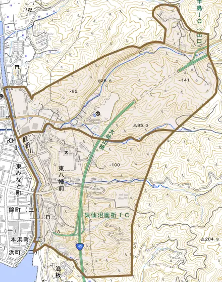 東八幡前とその周辺の地図。町の範囲を重ねている