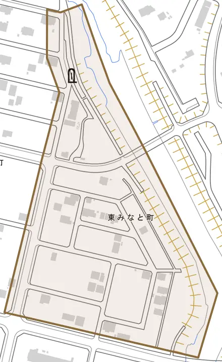 東みなと町とその周辺の地図。町の範囲を重ねている