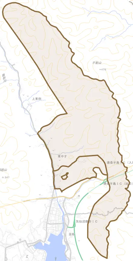 東中才とその周辺の地図。町の範囲を重ねている