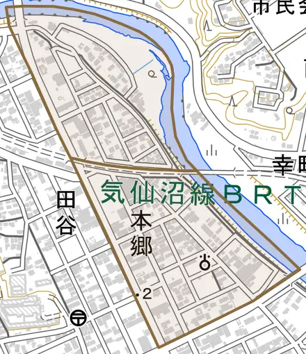 本郷とその周辺の地図。町の範囲を重ねている