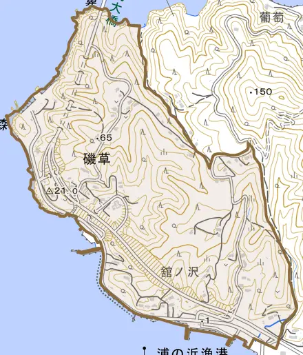 磯草とその周辺の地図。町の範囲を重ねている