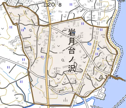 岩月台ノ沢とその周辺の地図。町の範囲を重ねている